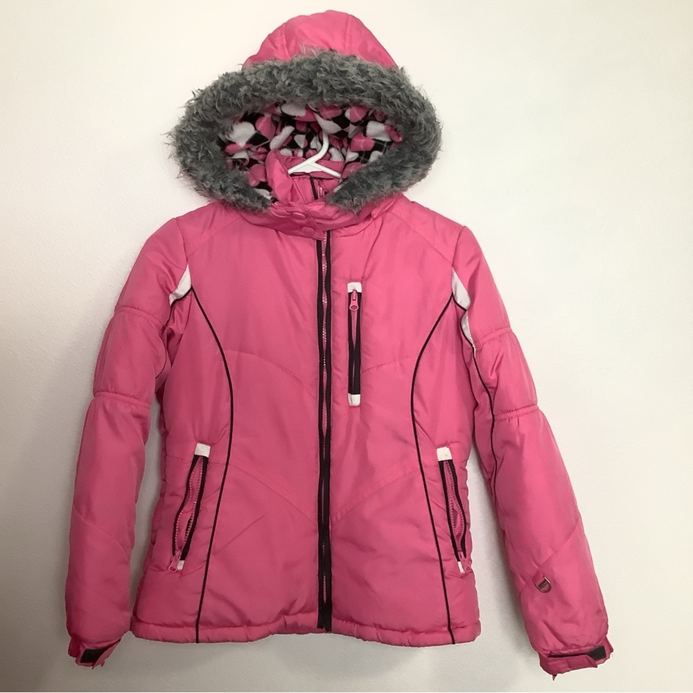 London Fog Girls Size L 14-16 Pink Faux Fur Puffer Hooded Jacket Coat W/plaid